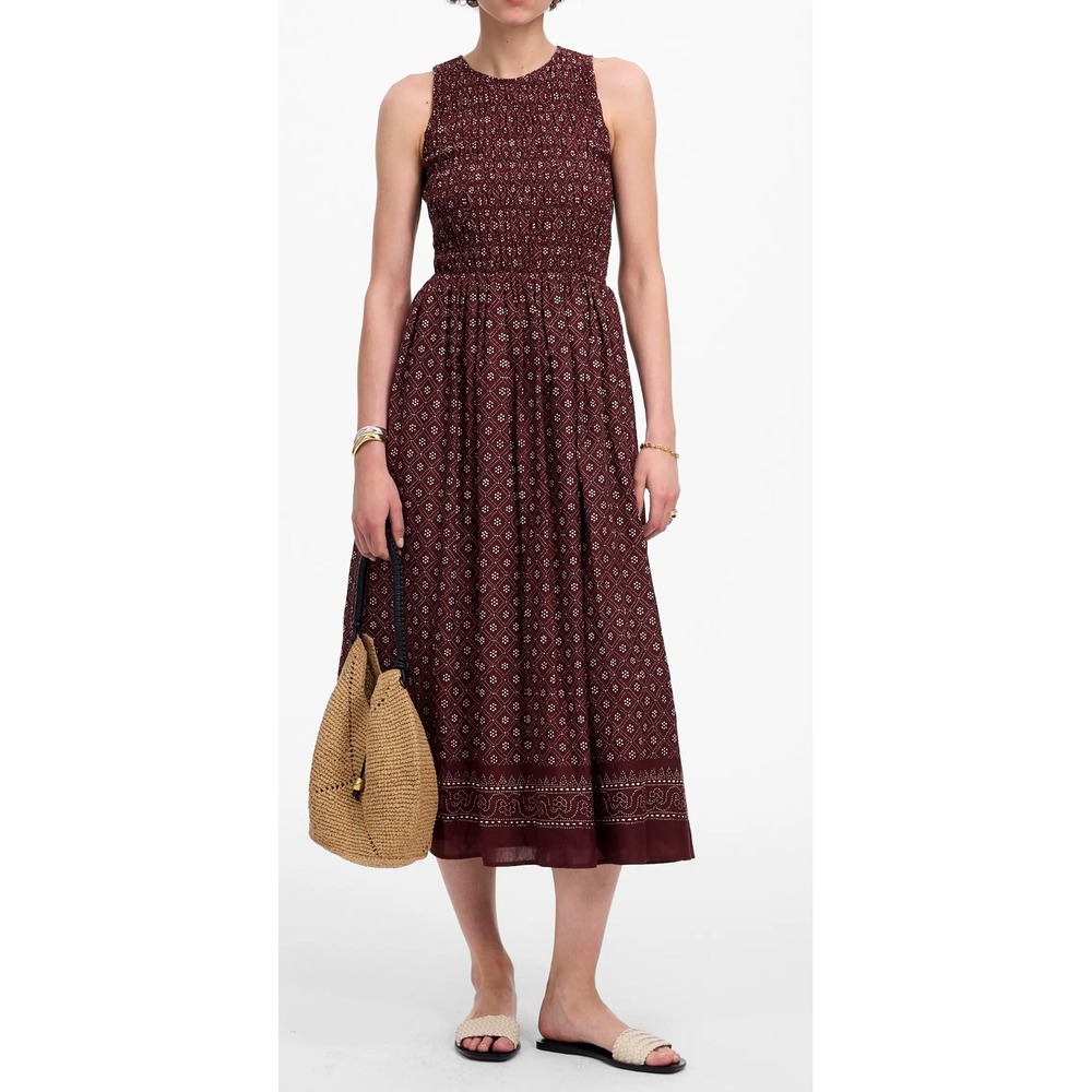 Madewell Melody Smocked Cotton Midi Dress Womens Medium Burgundy Daisy NV483
